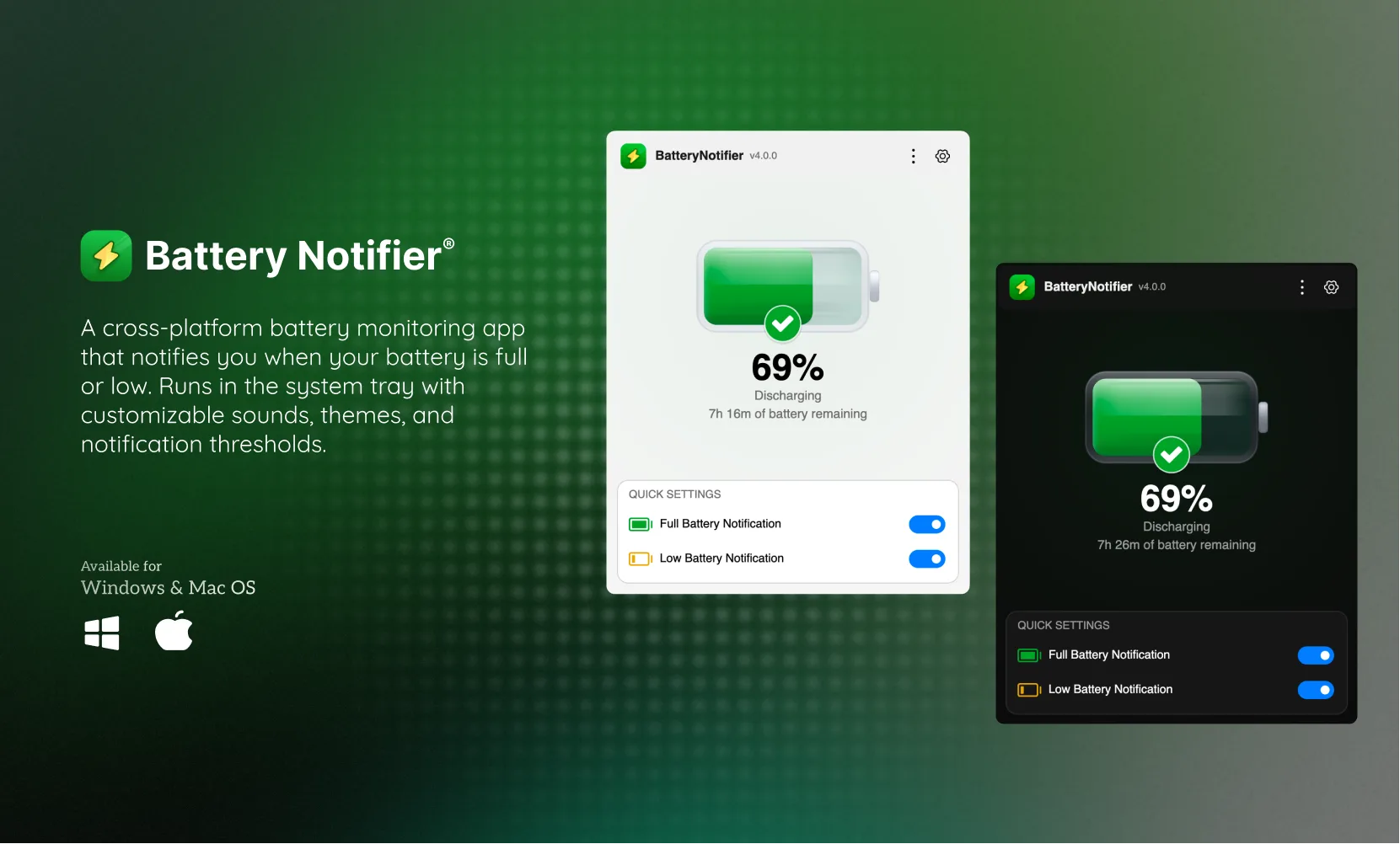 Battery Notifier running on Windows — light and dark mode showing battery at 95%, notification settings for full and low battery alerts